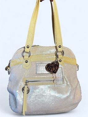 Coach Rare Poppy Spotlight Sequin Satchel with Yellow Patent Trim